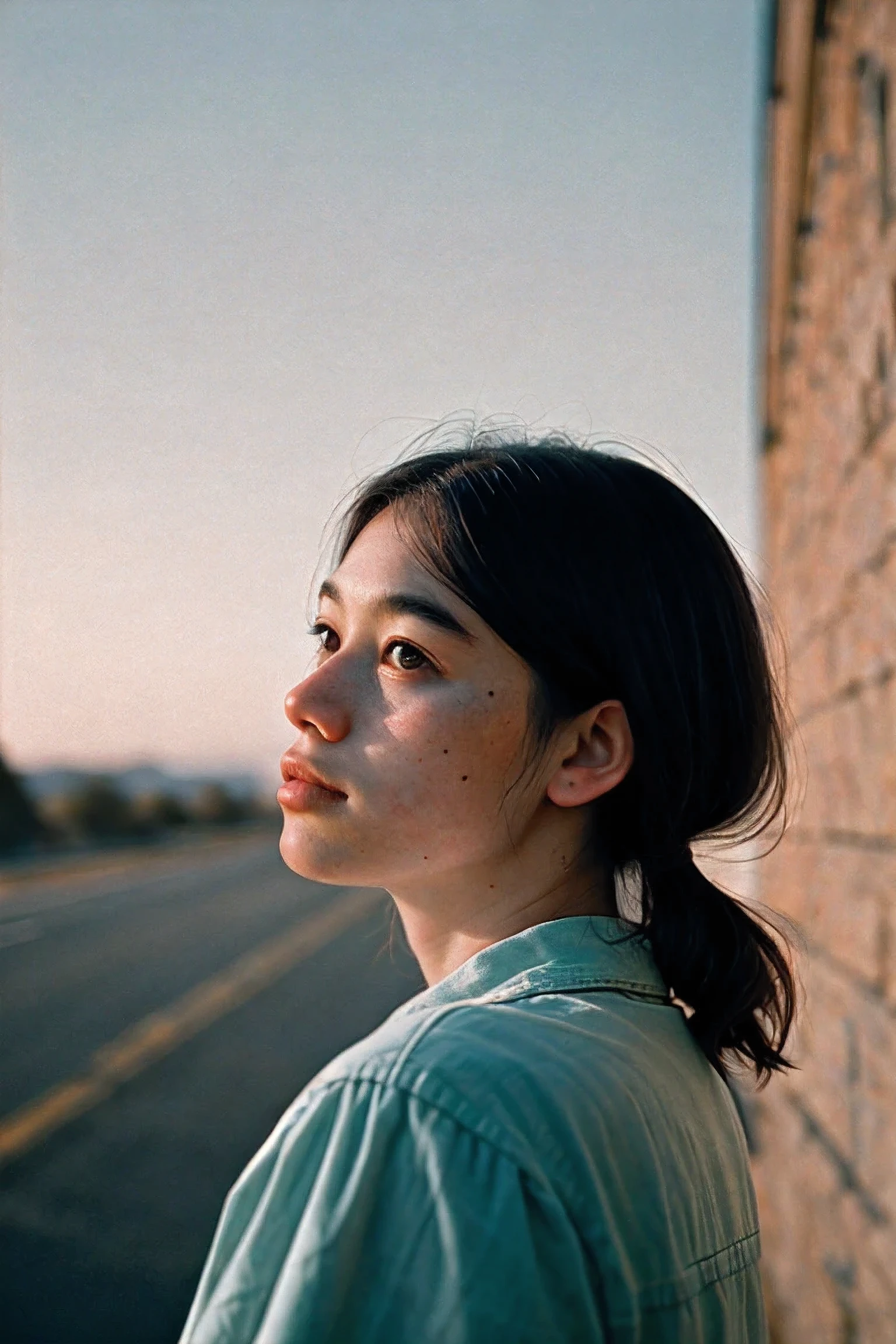 Portrait, shot on Leica, shadowplay, gorgeous lighting, subtle pastel hues, outdoors