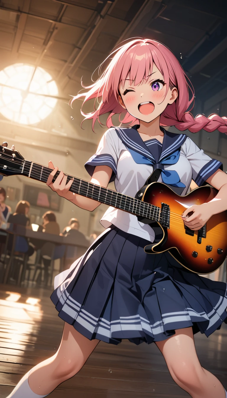 1female\(playing the guitar\((guitar is a broom:1.5)\),high school student,intense movements,(dynamic action:1.3),long braid hair,hair color black,high jumps,hair floating,hair dancing hard,splashing sweat,shining sun,sailor uniform,loafers,wearing glasses,solo performance,shouting loud,eyes closed hard\), background\(back of school,outside,many cats as audience\),(dynamic angle), BREAK ,quality\(8k,wallpaper of extremely detailed CG unit, ​masterpiece,hight resolution,top-quality,top-quality real texture skin,hyper realisitic,increase the resolution,RAW photos,best qualtiy,highly detailed,the wallpaper,cinematic lighting,ray trace,golden ratio\)
