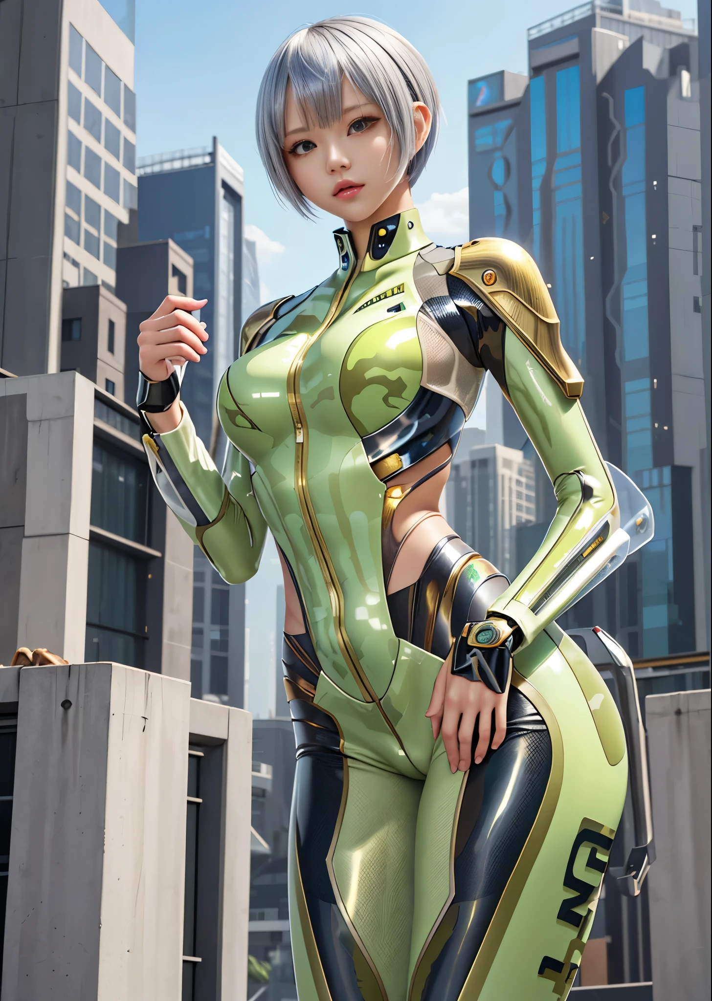 Futuristic girl in camouflage latex cyber suit、Cute girl、Layered silver gold pixie short cut hairstyle、Beautiful skin belly、Beautiful waistline、Looking at this in an upright pose、Inorganic skyscrapers、8K, 16K、high resolution、High resolution