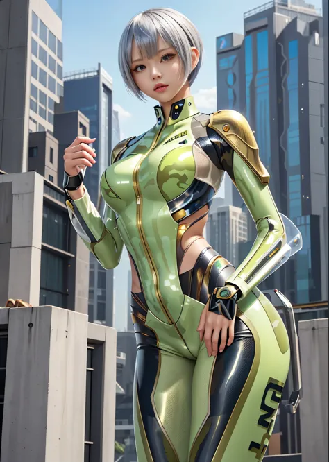 Futuristic girl in camouflage latex cyber suit、Cute girl、Layered silver gold pixie short cut hairstyle、Beautiful skin belly、Beau...