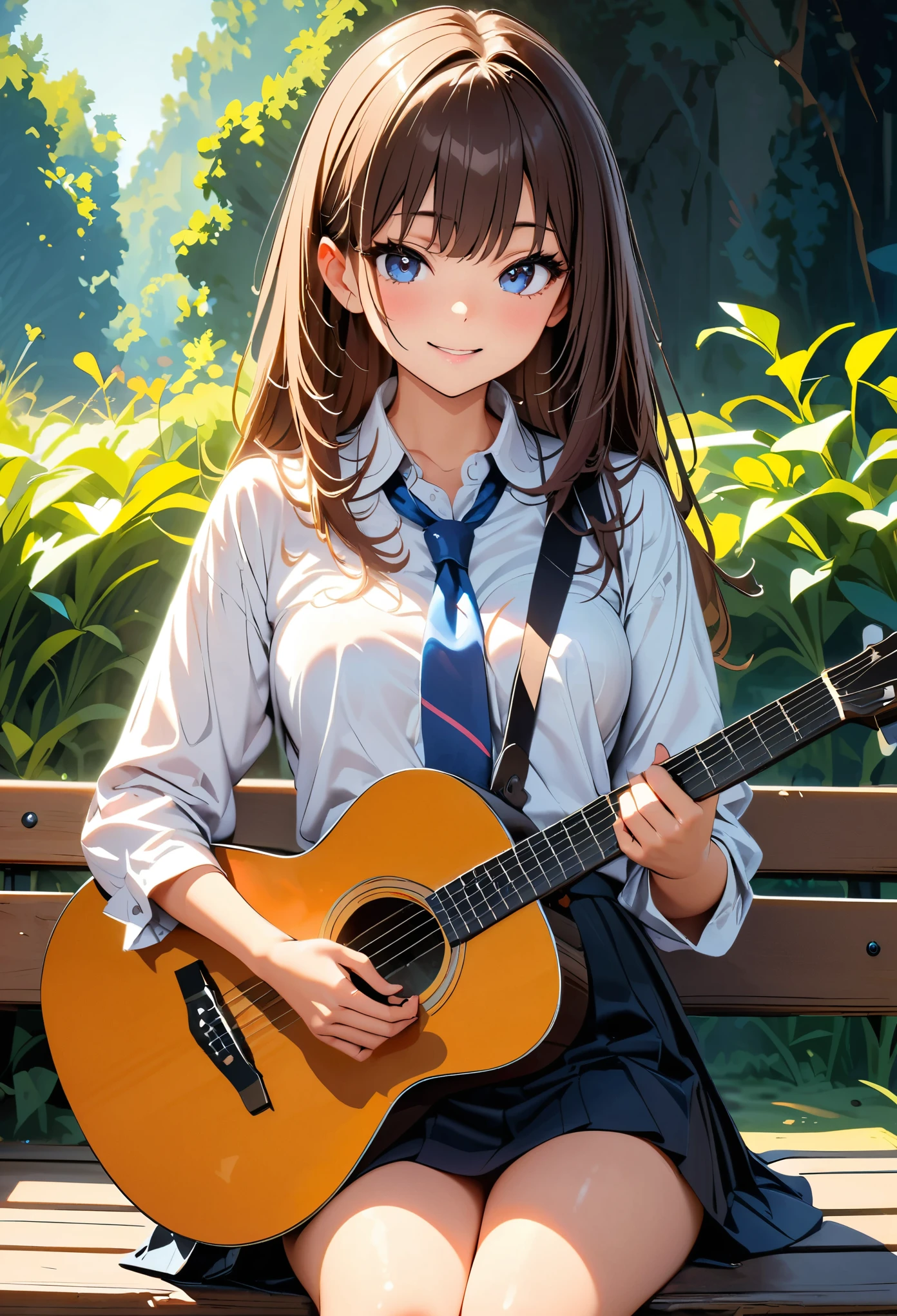 (high quality, 8K, 4K, High Contrast, masterpiece:1.2, 最high quality, Best aesthetics), ((1 female)), Beautiful school girl playing guitar, JK, Beautiful detailed eyes, Beautiful detailed lips, Highly Detailed Face and Portrait, uniform, shirt, Blue tie, Loose tie, Long brown hair, Detailed face, Smiling expression, Sitting on a garden bench, wood々Sunlight flowing between, Fine Art Digital Painting, HDR, Bright colors, Soft lighting, Natural light.