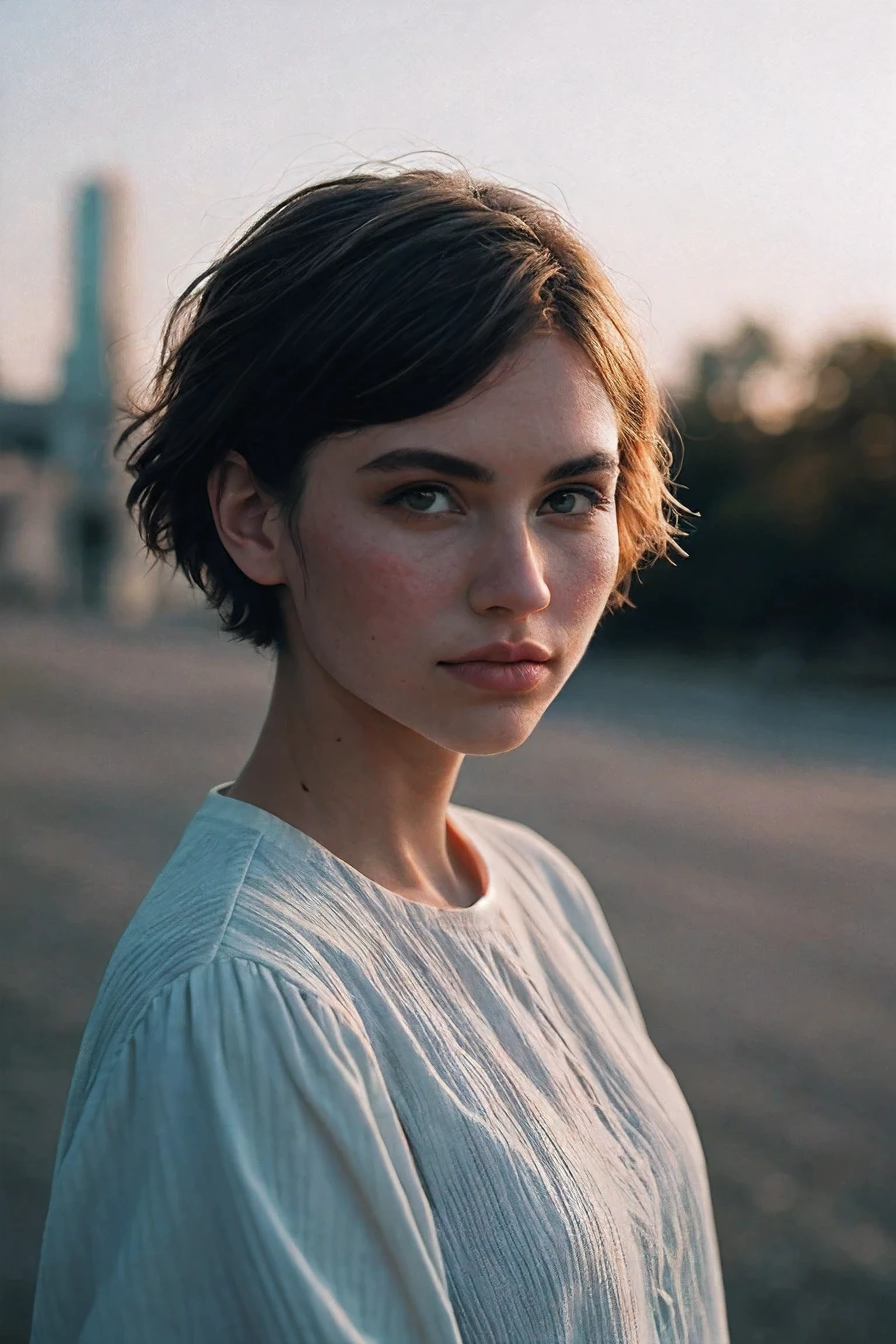 Retrato de uma Linda Mulher de Cabelo Curto, filmado em leica, jogo de sombras, iluminação linda, tons pastéis sutis, ao ar livre
