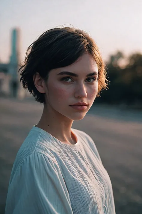 Portrait of Beautiful Female Short hair, shot on Leica, shadowplay, gorgeous lighting, subtle pastel hues, outdoors
