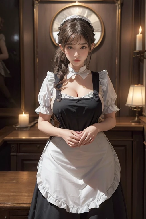 ((best quality: 1.4)), (An unrivalled masterpiece), (Ultra HD), (Ultra-realistic 8k CG), (half body image ), (Super detailed), (maid ), (Artworks of Jean-Baptiste Monge), highly detailed maid clothes, half_apron , Stunning beauty, Very detailed beautiful hair, Very detailed hairstyle, Movie, Happy , In the old bungalow, candle lighting, Use backlighting to add depth to your images, Anisotropic filtering, Depth of Field, Maximum clarity and clarity, , 8 so small, Thick body:0.8 , Perfect anatomical structure, Symmetrical and balanced, Beautiful gradient, Clear focus, Golden Ratio, Center image, Beautiful composition(((Full breasts,)))(((Large Breasts))) (((Cleavage))),
