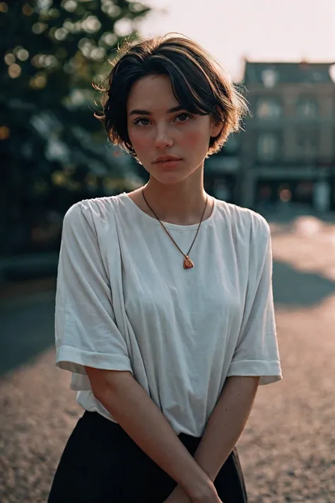 portrait of beautiful female short hair, shot on leica, shadowplay, gorgeous lighting, subtle pastel hues, outdoors