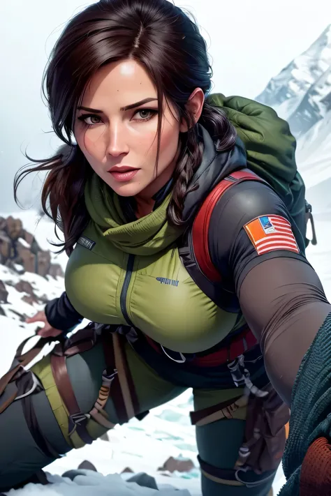 Lara Croft climbing the mount everest, wearing suitable clothes for the climb, it's snowing and cold.