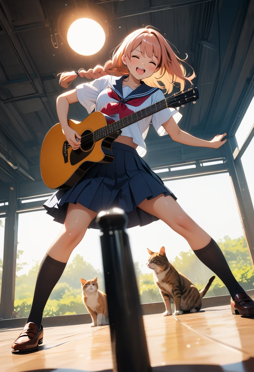 1female\(pretending to play the guitar,high school student,intense movements,(dynamic action:1.3),long braid hair,hair color black,high jumps,hair floating,hair dancing hard,splashing sweat,shining sun,sailor uniform,loafers,wearing glasses,solo performance,shouting loud,eyes closed hard,big smile\), background\(back of school,outside,many cats\),(dynamic angle), BREAK ,quality\(8k,wallpaper of extremely detailed CG unit, ​masterpiece,hight resolution,top-quality,top-quality real texture skin,hyper realisitic,increase the resolution,RAW photos,best qualtiy,highly detailed,the wallpaper,cinematic lighting,ray trace,golden ratio\)
