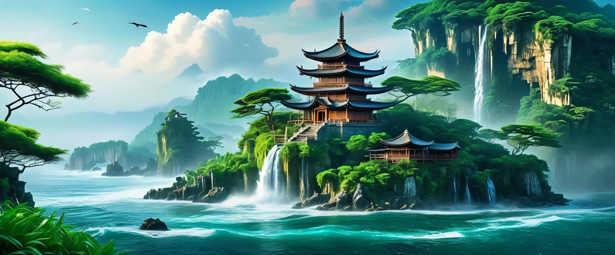 a detailed fantasy island landscape with a floating island center stage, a village with scenic architecture on the island, waterfalls flowing from the island into the surrounding sea, a nine-story pagoda at the center of the island, break, (best quality, masterpiece:1.2), ultra-detailed, (realistic, photo-realistic:1.37), cinematic composition, dramatic lighting, vibrant colors, highly detailed, fantasy, surreal, mystical, sacred architecture, ancient ruins, overgrown vegetation, rocky coastline, crashing waves, atmospheric mist, ethereal lighting, dramatic sky, glowing pagoda, floating island, scenic, village on island, waterfalls, rugged terrain, endless sea, ((isolated island)), There is a bamboo house hidden in the forest, There is a large village next to the tower, photorealistic, 8k, highres