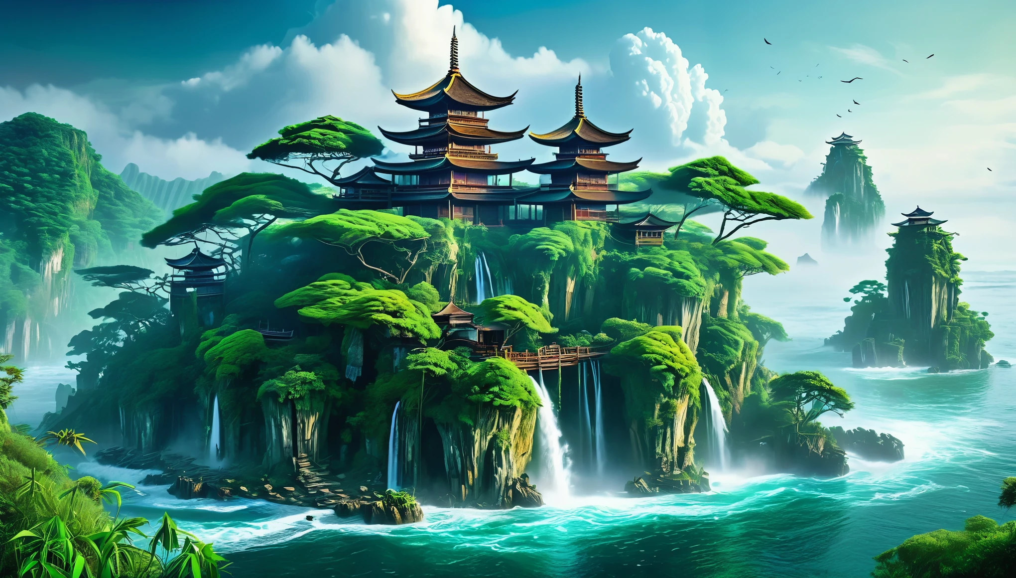 a detailed fantasy island landscape with a floating island center stage, a village with scenic architecture on the island, waterfalls flowing from the island into the surrounding sea, a nine-story pagoda at the center of the island, break, (best quality, masterpiece:1.2), ultra-detailed, (realistic, photo-realistic:1.37), cinematic composition, dramatic lighting, vibrant colors, highly detailed, fantasy, surreal, mystical, sacred architecture, ancient ruins, overgrown vegetation, rocky coastline, crashing waves, atmospheric mist, ethereal lighting, dramatic sky, glowing pagoda, floating island, scenic, village on island, waterfalls, rugged terrain, endless sea, ((isolated island)), There is a bamboo house hidden in the forest, There is a large village next to the tower, photorealistic, 8k, highres