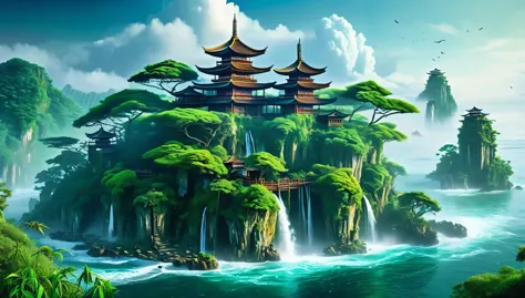 a detailed fantasy island landscape with a floating island center stage, a village with scenic architecture on the island, water...