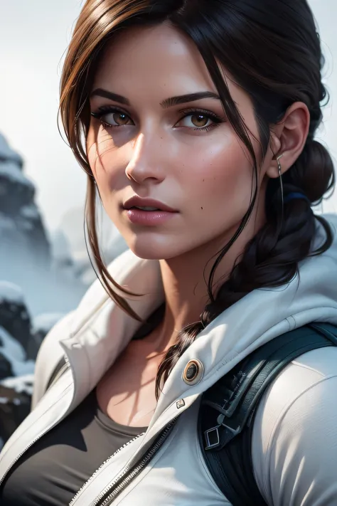 Lara Croft climbing the mount everest, wearing suitable white clothes for the climb, it's snowing and cold. (8k, RAW photo, best...