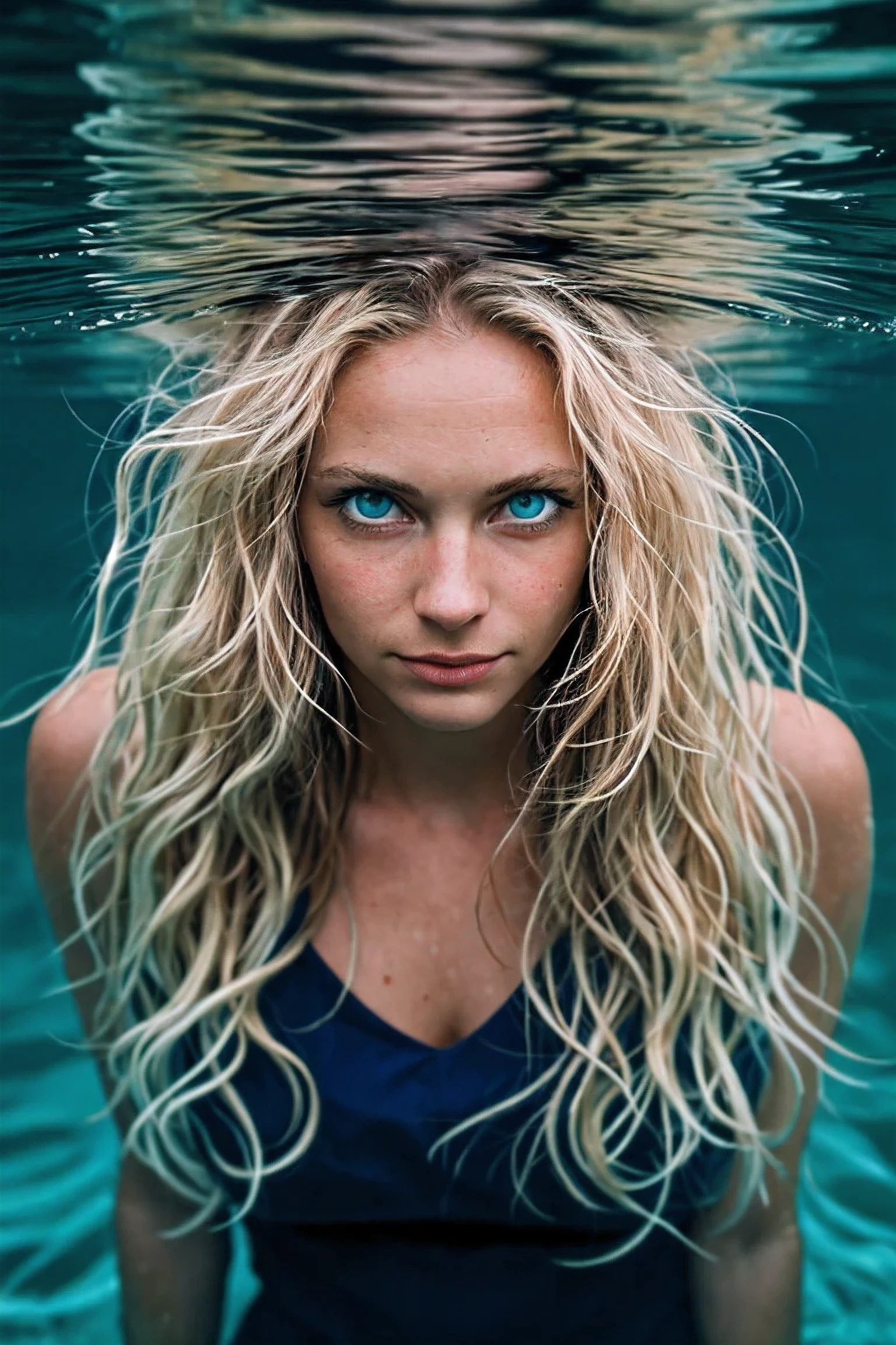 Leica photo of Female, an extremely wealthy 28-year-old Swedish doctor with pale skin, big blue eyes, and long, luscious blonde hair, in the water, looking at the camera