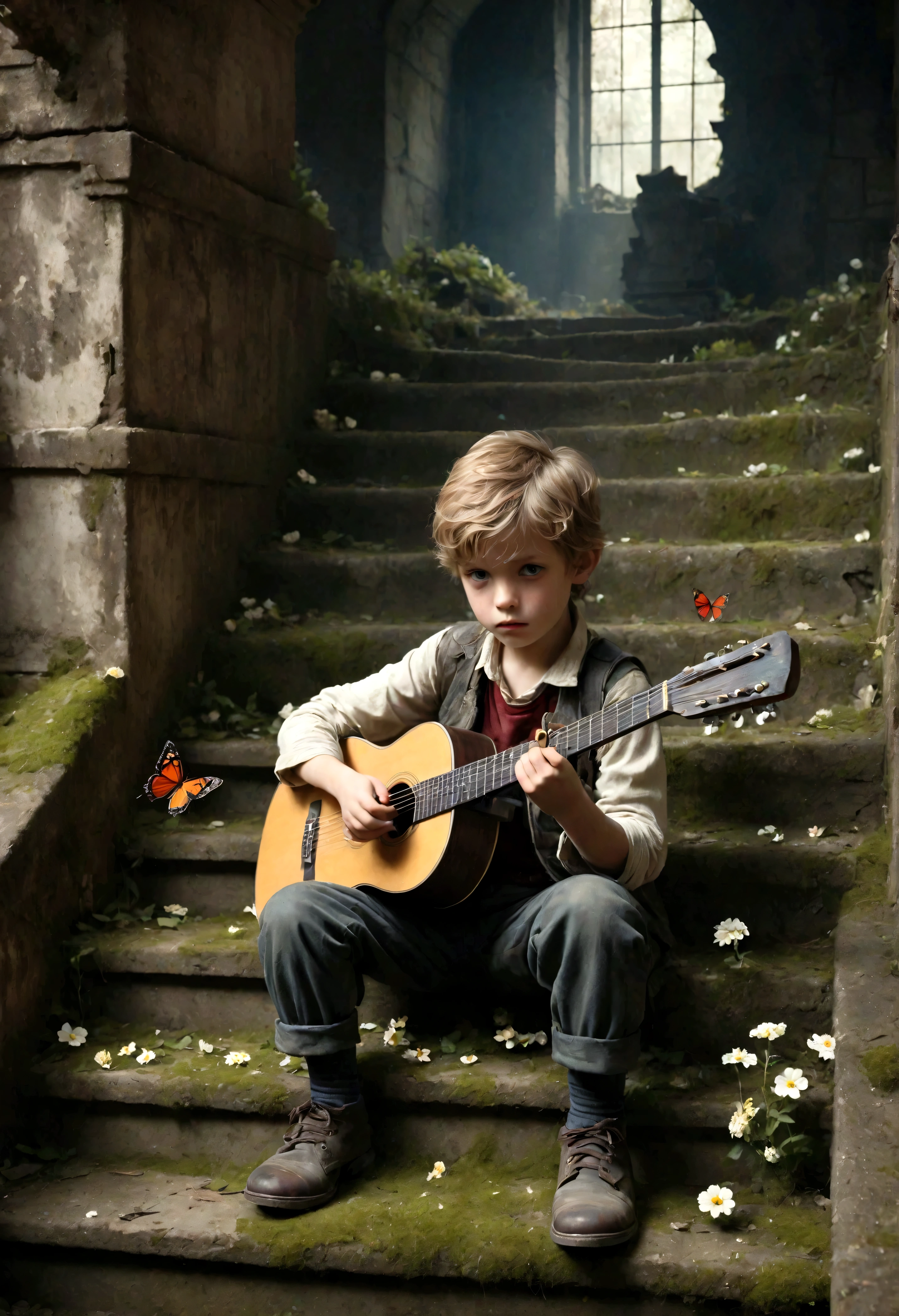 cannon fire，War，war，Thick smoke，Little boy playing guitar in ruins, depressed, Eyes gaze，Dirty face，desolate, moss covered, Dilapidated, dirty, (best quality,4k,8K,High resolution,masterpiece:1.2),Extremely detailed,(Practical,photoPractical,photo-Practical:1.37),Dark Fantasy,severe,Mood lighting,Dramatic shadows,Movie,moody color palette,Soft Tones,Rubbish,rot,weathered，tattered，Small white flowers，Dungeons，cemetery，Black and Red，There is a broken bowl in front.，Footprinting，stairs，vine，rainwater，Swarms of glowing butterflies，A group of transparent wandering souls， Ghost