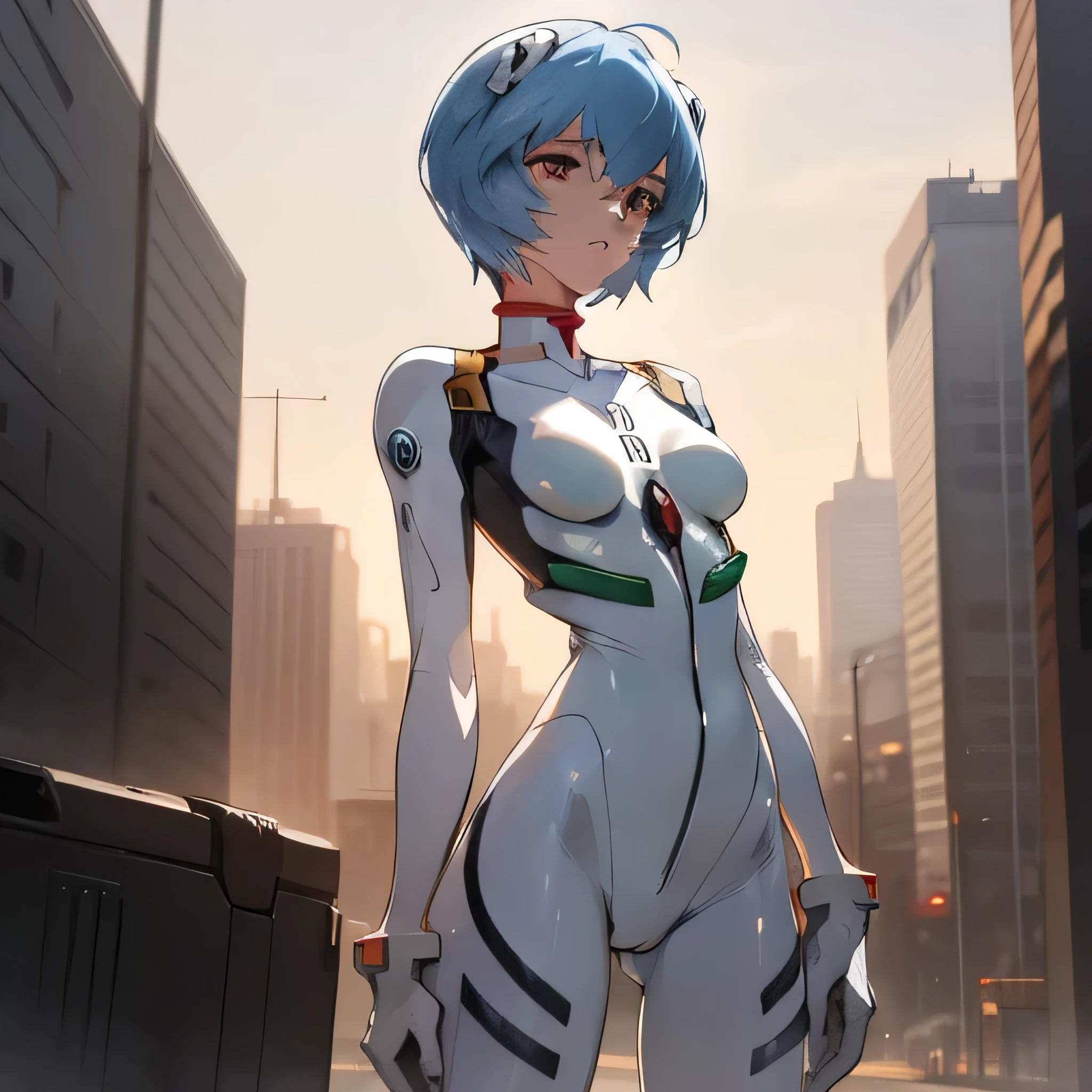 Personagem de anime Rei Ayanami, reconhecida por seu cabelo azul curto e olhos vermelhos, fica em uma paisagem urbana sob o brilho suave do sol filtrado pelas nuvens. Ela quebra a quarta parede, posando em uma foto de cowboy, suas mãos perfeitamente retratadas em um CG altamente detalhado. Seu Plug Suit, um body branco, é intrincadamente projetado e lindamente detalhado, mostrando perfeição anatômica. O terno, embora quebrado, mantém sua qualidade original, criando um papel de parede 8K de beleza incomparável e atenção aos detalhes, apresentando o rosto altamente detalhado de Rei Ayanami sob iluminação perfeita. Seu capacete adiciona um ar de mistério a isso