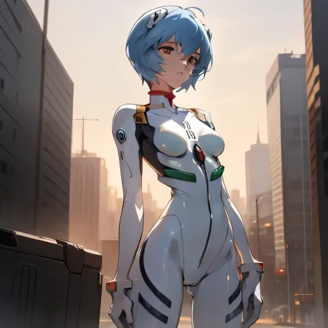 Anime character Rei Ayanami, recognized by her short blue hair and red eyes, stands in a city landscape under the soft glow of t...