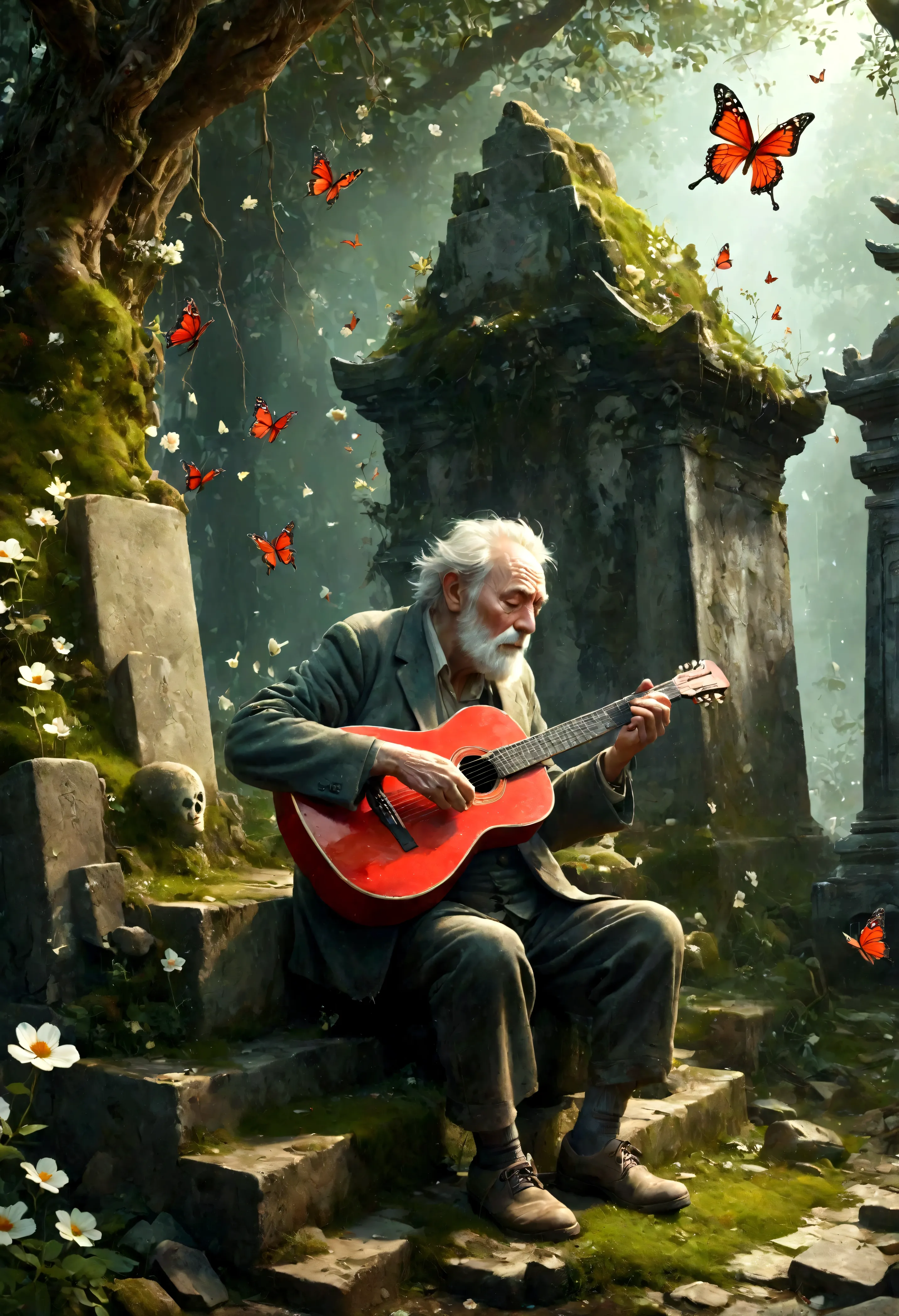 old man playing guitar, depressed, desolate, moss covered, Dilapidated, dirty, (best quality,4k,8K,High resolution,masterpiece:1...