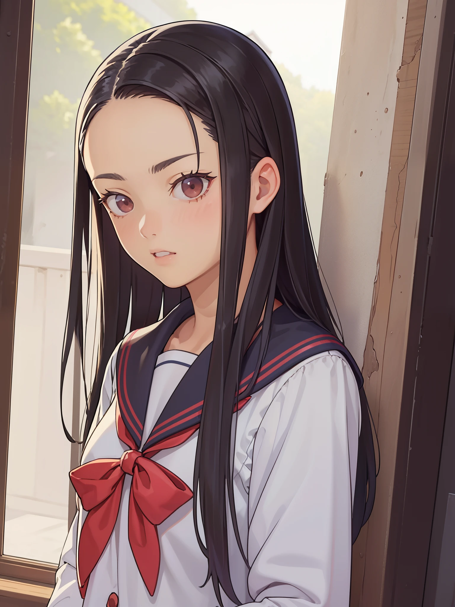 (masterpiece, best quality:1.2), bartolomeobari, kiyomi, (1girl, solo), (black long hair, straight hair, forehead), brown eyes, (serafuku, sailor suit)