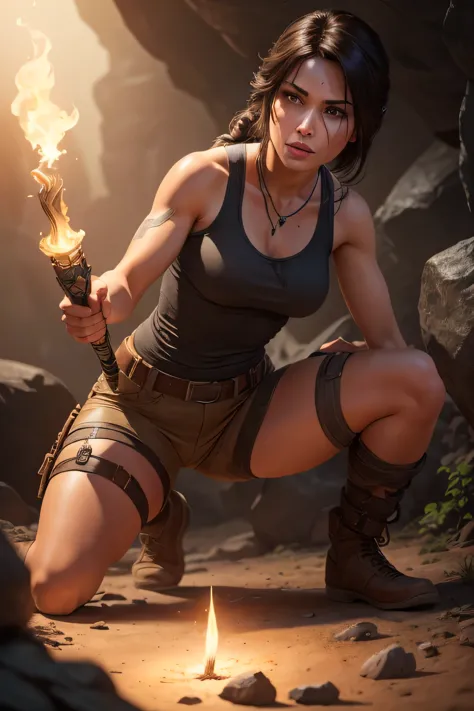 Create a realistic image of Lara Croft discovering an ancient artifact in an underground cave. Lara is wearing her classic Tomb ...