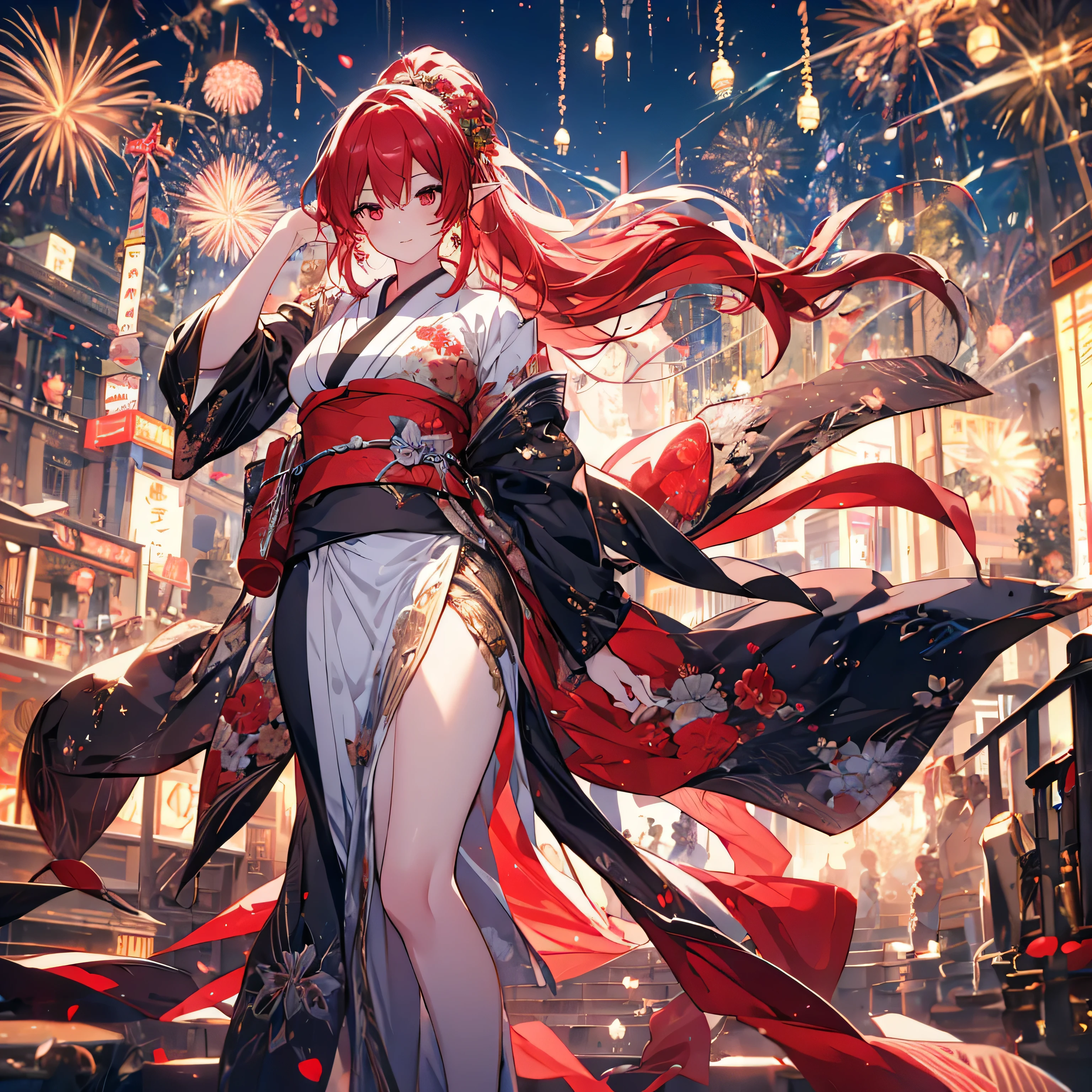 Perfect hands, highest qualityの指, Five fingers, Long, narrow eyes, Night view, firework, masterpiece, highest quality, High resolution, Highly detailed CG, Absurd, Wear a thick black kimono, Layering, Red Accessories , various expressions, null, Elf Ears, Beautiful detailed woman, Game CG, Spring flower, ponytail, long red hair, Red eyes,Stylish accessories solo, Big Breasts, woman, Take-out, Provocative laughter,40 year old woman,The Queen of Sadism, Ultra-detailed backgrounds, Amazing writing style, Pose with one hand on hip, period drama,