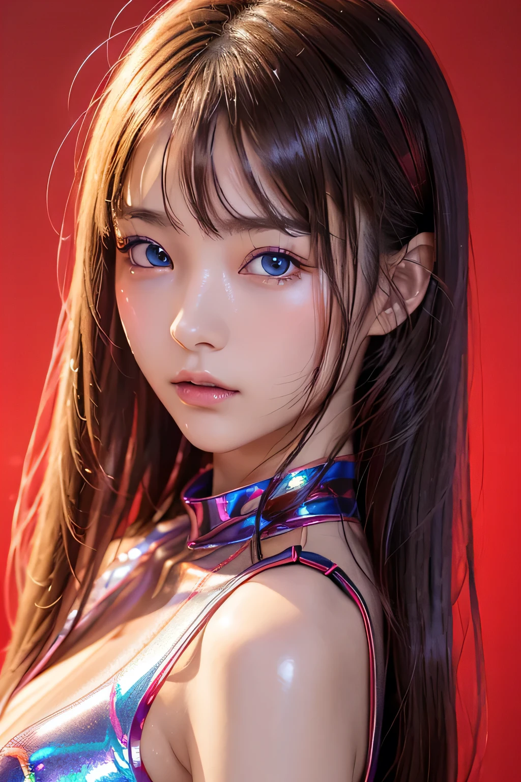 masterpiece、highest quality、8K、 ((Upper shot close-up)) 、１girl、(16 years old)、Red Background、Simple Background、、、 Sad blue eyes、、Beautiful anime faces、slim、slender、Transparent PVC clothing、Transparent vinyl clothing、prism、Holographic、chromatic aberration、colorful、(Shiny skin:1.23)