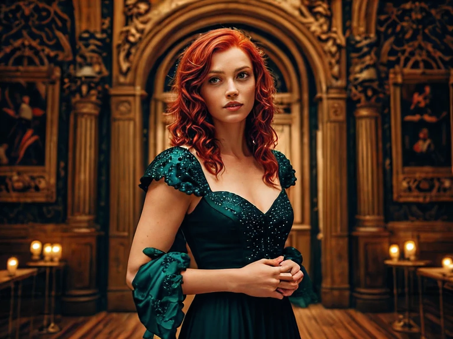 Beautiful woman with red hair in an enchanted castle