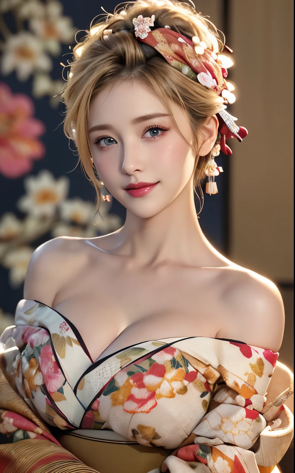 Realistic:1.8、bionde、Italian、highest quality、1 girl、,Glowing Skin、Professional Lighting,Photorealistic、Perfect body、super high quality、Ultra-high Realistic image quality、Japanese、(Off-the-shoulder short length floral print kimono:1.6)、(Cleavage:1.5)、Tight waist、(bionde:1.3)、(Blurred Background)、(Grin)、、blue eyes、bionde、Tattoos all over the body、short hair、Hair tied up、Full body photo、Sexy Face、short hair、 A look of complete lust、(((masterpiece)))、((highest quality))、((超Realistic))、Mature woman、Mature woman、perspective、Very detailed、The perfect temptation、Best image quality、Fine-grained image quality、beautiful、European, woman, French, woman Italian, Italian, smile、blue eyes、jewelry, blue eyes, Realistic, High resolution, Soft Light,Hip Up, Glowing Skin, (Detailed face),tattoo, jewelry, , night, bionde, Wavy Hair,attractive appearance, smile, Perfect Style, perfect balance,