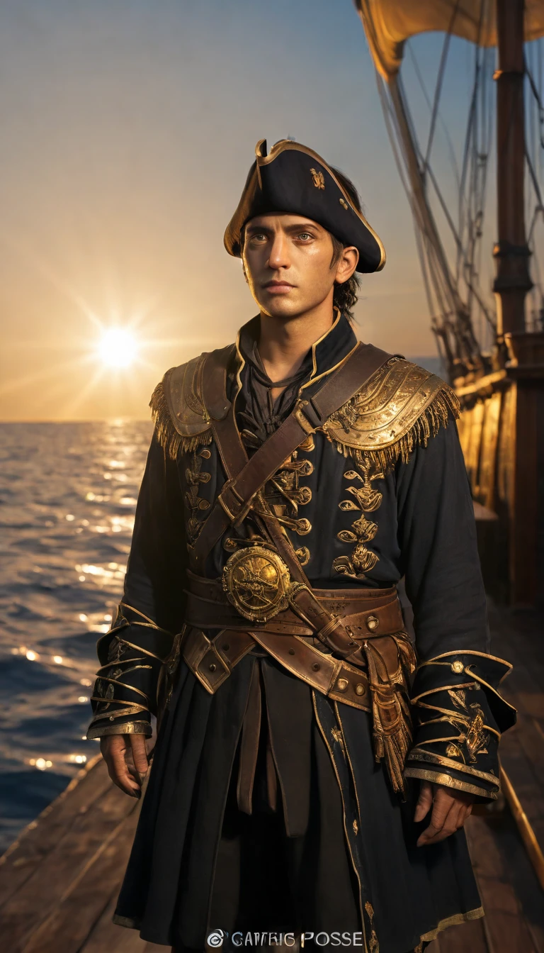 As the sun began to set, The warm golden hues of the sun illuminated his ornate attire, casting a warm glow across the area, Julius Caesar writing poetry on a pirate ship, background dark, hyper realistic, ultra detailed hyper realistic, photorealistic, Studio Lighting, reflections, dynamic pose, Cinematic, Color Grading, Photography, Shot on 50mm lens, Ultra-Wide Angle, Depth of Field, hyper-detailed, beautifully color, 8k, golden light from the front,