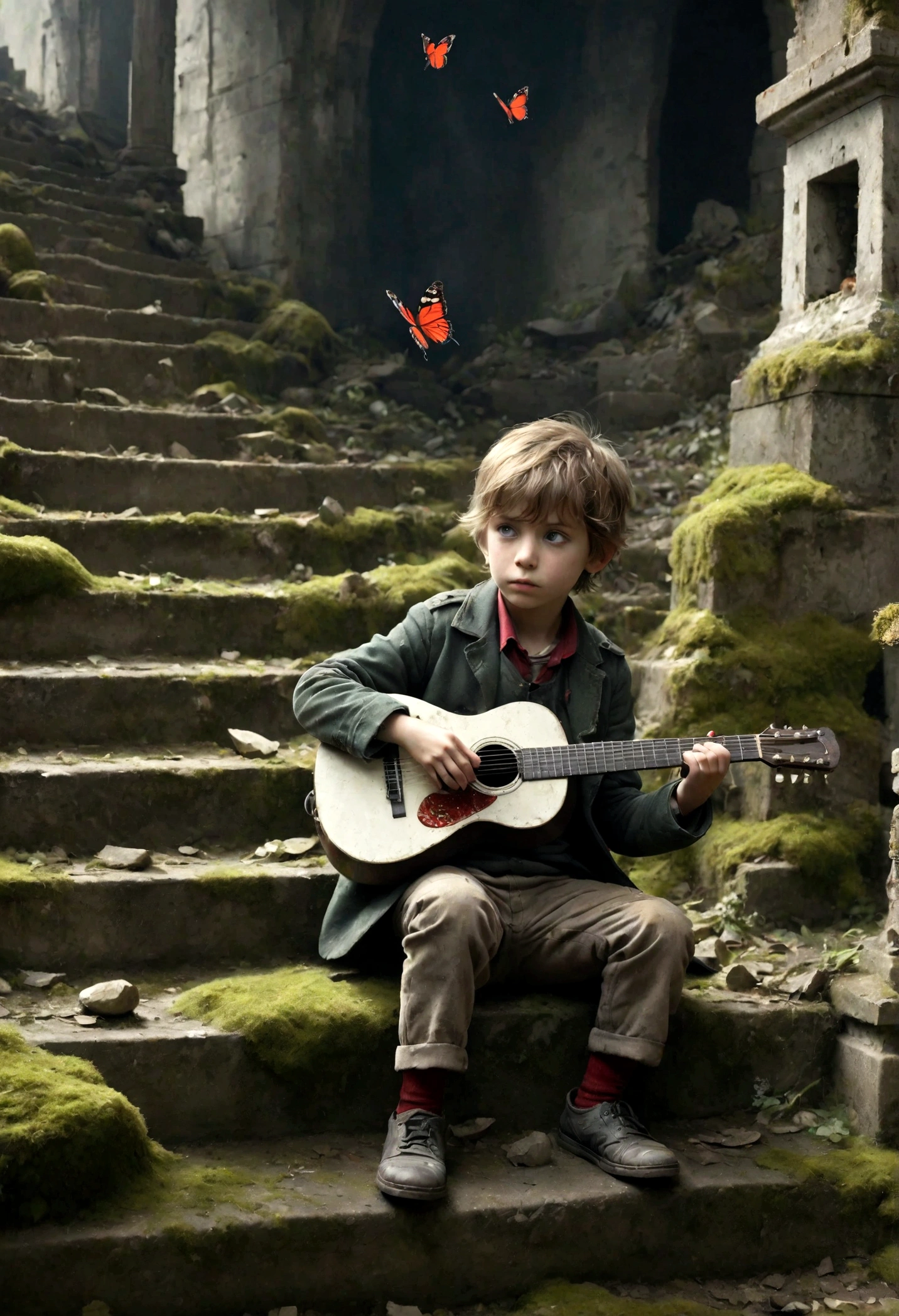 cannon fire，Little boy playing guitar in ruins, depressed, Eyes gaze，Dirty face，desolate, moss covered, Dilapidated, dirty, (best quality,4k,8K,High resolution,masterpiece:1.2),Extremely detailed,(Practical,photoPractical,photo-Practical:1.37),Dark Fantasy,severe,Mood lighting,Dramatic shadows,Movie,moody color palette,Soft Tones,Rubbish,rot,weathered，tattered，Small white flowers，Dungeons，cemetery，Black and Red，There is a broken bowl in front.，Footprinting，stairs，vine，rainwater，A colorful butterfly（black white red green wings），A group of transparent wandering souls， Ghost