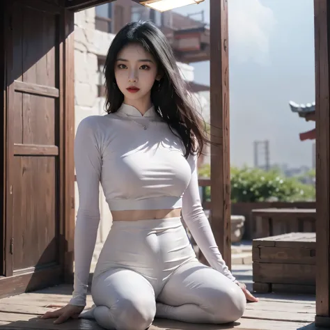 1 Beautiful girl in Hanfu, Thin purple silk shirt，White，Textures are diverse, White蕾丝上衣, Platinum long ponytail, Hair accessorie...