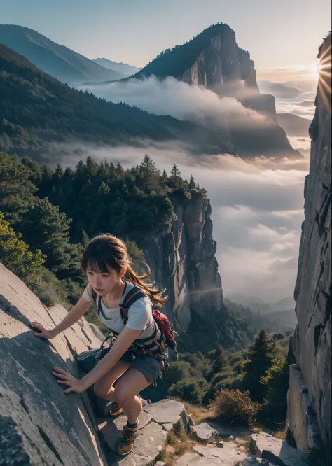 climbingをする若い女性, (realistic:1.4), wide-angle, mountain cliff, climber, climbing, grab shelf,close, very detailed, dramatic light...