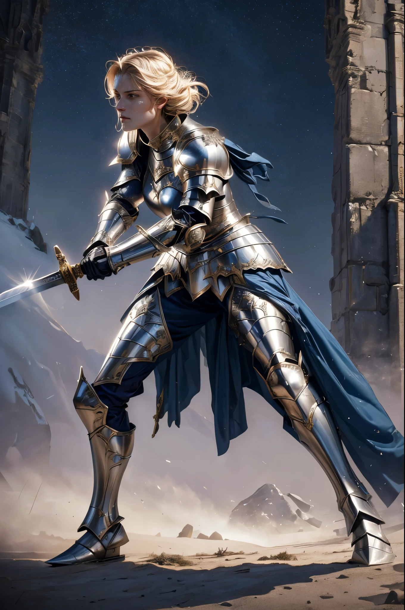 masterpiece, best quality photo realistic, a 40 years old queen in armor holding a sword, female knight, swing a sword, female paladin, engraved metal armor:1.1, (combat posture:1.2), frown:1.2, angry facial expression, blood splatted armor:1.2