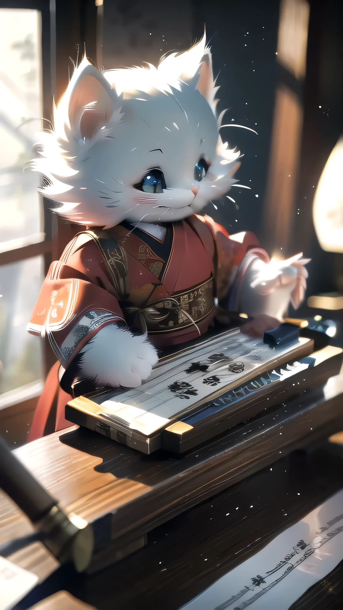 White kitten in chinesische kleidung, chinesische Kalligraphie, chinesische kleidung, Musikal instruments, Musik, Schlagzeug
