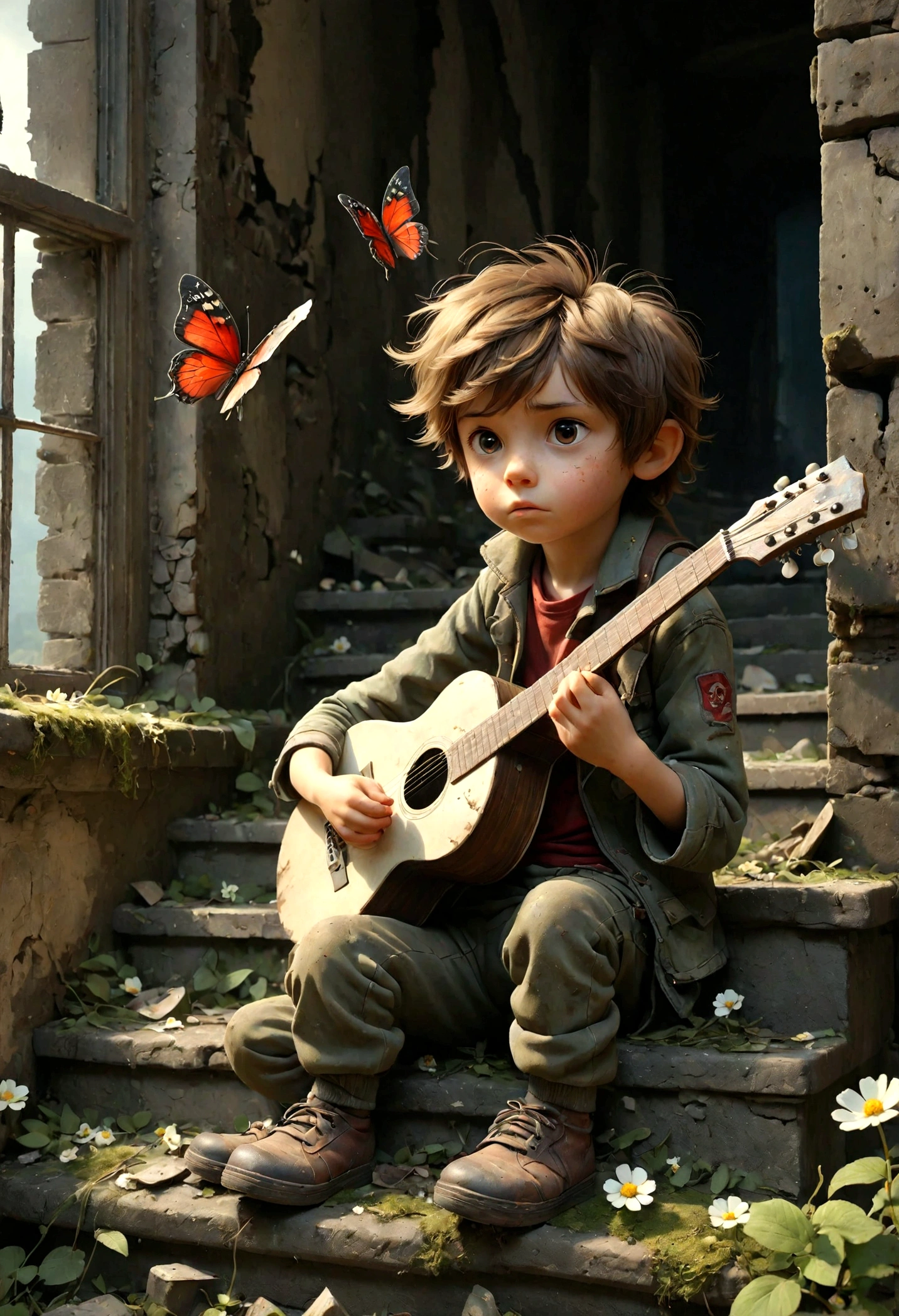 Gunfire outside the window，Fighter plane in the sky，Little boy playing guitar in ruins, Brown hair，depressed, Eyes gaze，Dirty face，desolate, moss covered, Dilapidated, dirty, (best quality,4k,8K,High resolution,masterpiece:1.2),Extremely detailed,(Practical,photoPractical,photo-Practical:1.37),Dark Fantasy,severe,Mood lighting,Dramatic shadows,Movie,moody color palette,Soft Tones,Rubbish,rot,weathered，tattered，Small white flowers，Dungeons，cemetery，Black and Red，There is a broken bowl in front.，Footprinting，stairs，vine，rainwater，Swarms of glowing butterflies，A group of transparent wandering souls， Ghost