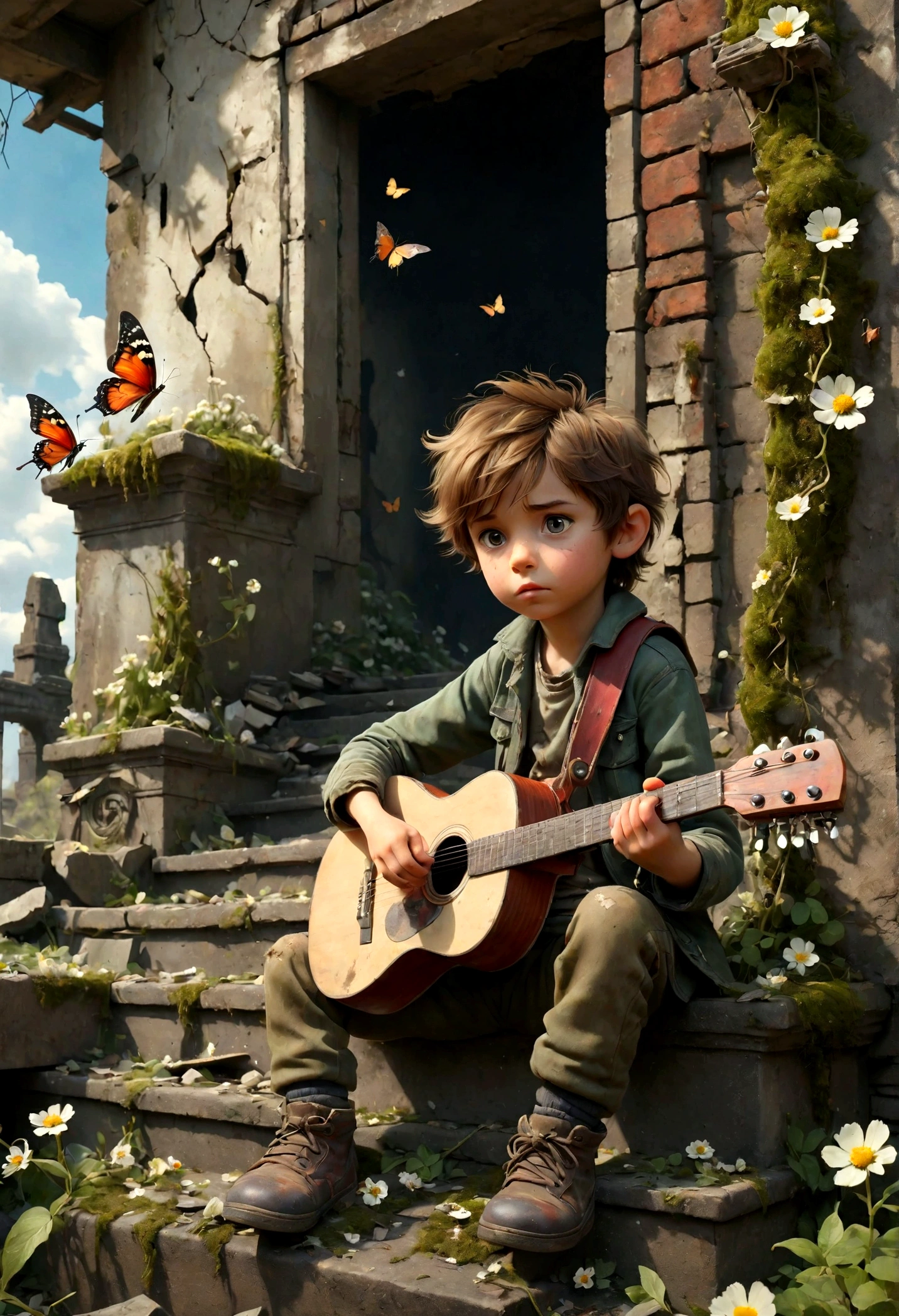 Gunfire outside the window，Fighter plane in the sky，Little boy playing guitar in ruins, Brown hair，depressed, Eyes gaze，Dirty face，desolate, moss covered, Dilapidated, dirty, (best quality,4k,8K,High resolution,masterpiece:1.2),Extremely detailed,(Practical,photoPractical,photo-Practical:1.37),Dark Fantasy,severe,Mood lighting,Dramatic shadows,Movie,moody color palette,Soft Tones,Rubbish,rot,weathered，tattered，Small white flowers，Dungeons，cemetery，Black and Red，There is a broken bowl in front.，Footprinting，stairs，vine，rainwater，Swarms of glowing butterflies，A group of transparent wandering souls， Ghost