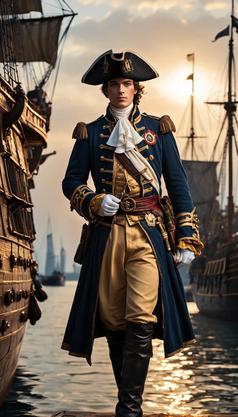 As the sun began to set, The warm golden hues of the sun illuminated his ornate attire, casting a warm glow across the area, Julius Caesar writing poetry on a pirate ship, background dark, hyper realistic, ultra detailed hyper realistic, photorealistic, Studio Lighting, reflections, dynamic pose, Cinematic, Color Grading, Photography, Shot on 50mm lens, Ultra-Wide Angle, Depth of Field, hyper-detailed, beautifully color, 8k, golden light from the front,