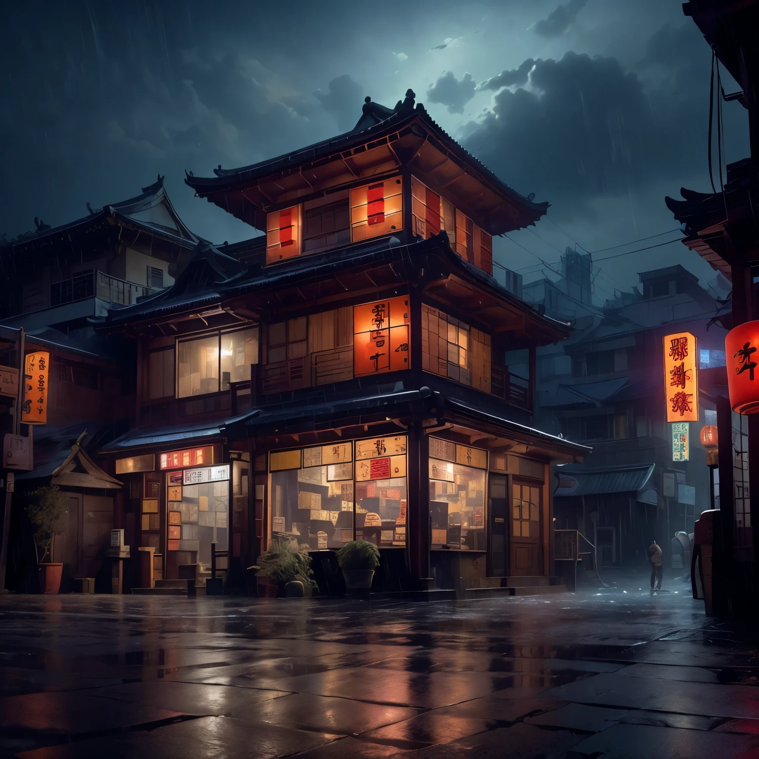 View of the village of Feder，a lot of Lights on the buildings，Dream Chinatown，china village，Awesome Wallpapers，Japanese Village，小さな町のシュールなphotograph，Old Asian Village，(There are a lot of old shops)，(The distant sky is covered with dark clouds，Red lantern under the eaves)，Japanese cities，Raymond Han，Rainy night, Cyberpunk Chinese Ancient Castle, Bright building, Late Afternoon，in the rain, Beautiful and beautiful, photograph, Light, 8k, High detail ((downpour，full of Lights，stage)))