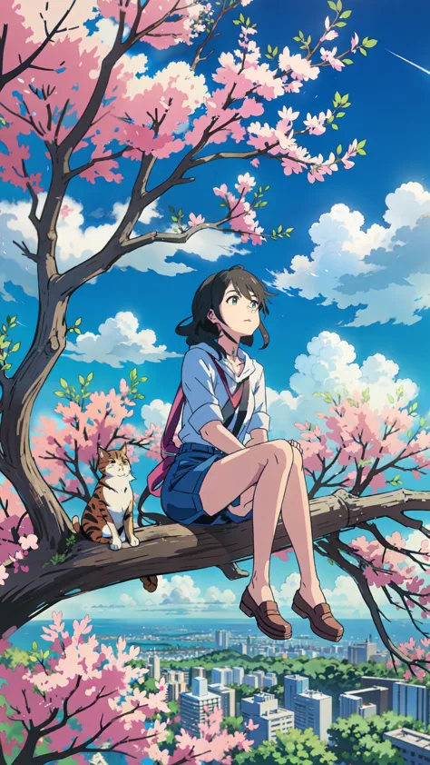 a woman sitting on top of a tree next to a cat, makoto shinkai and artgerm, makoto shinkai ( apex legends ), matoko shinkai, ver...