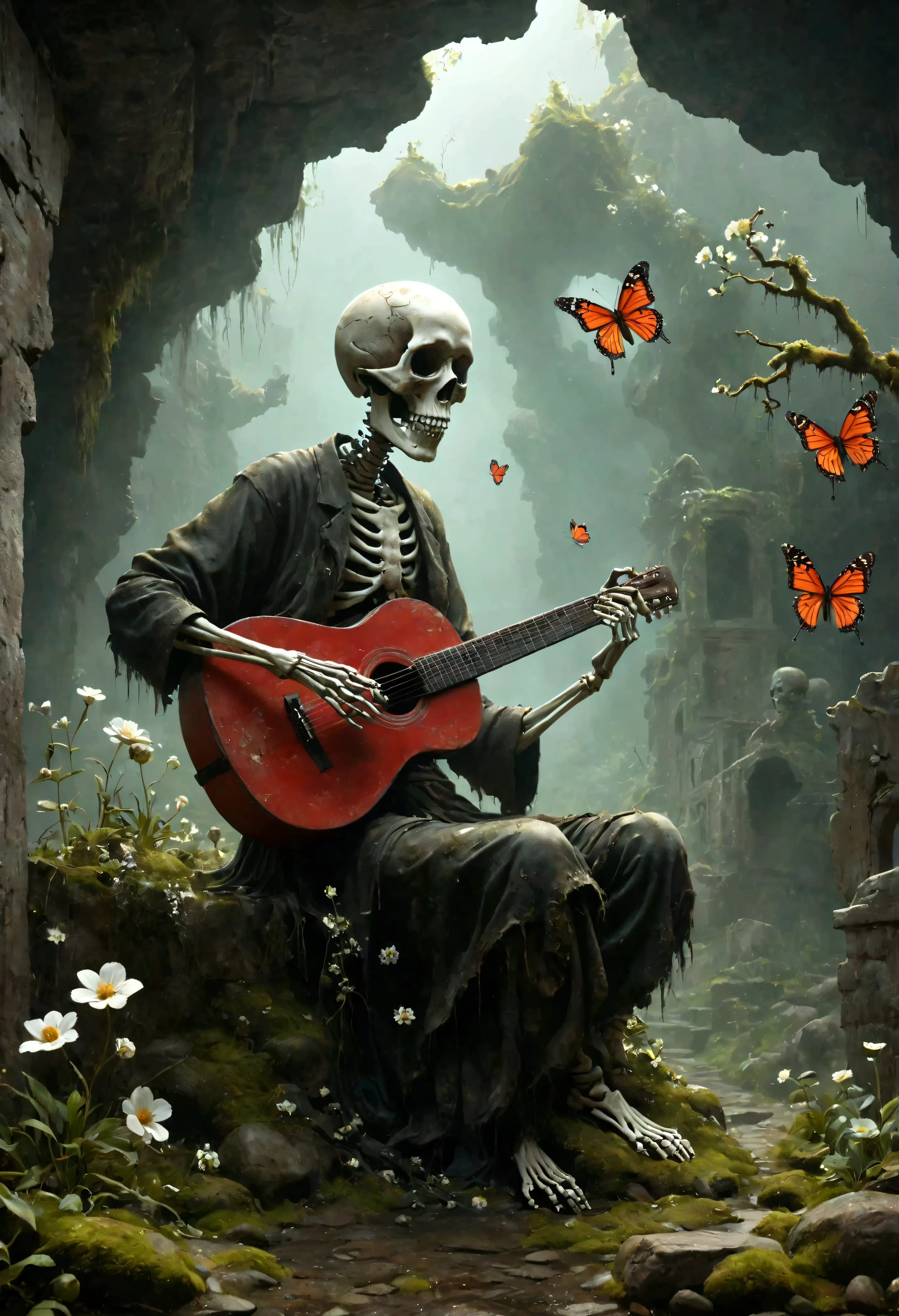 a skeletal figure playing a guitar, melancholic, desolate, moss-covered, dilapidated, squalid, (best quality,4k,8k,highres,maste...