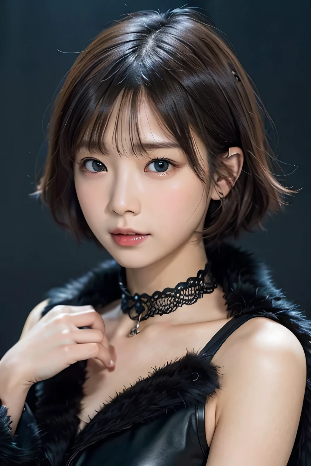 (8k, RAW Photos, highest quality, masterpiece)、Anatomically correct、slim、Cute idol face、One Girl、(14 years old)、(Face Shot:1.35)　、(Very delicate and beautiful)、Professional lighting and shadows、Dark cave interior background、(Watery blue eyes that glow in the dark)、kitten ears、Very short hair、(Black Hair:1.23)　、 ((Wearing a black fur coat))　、Black choker、