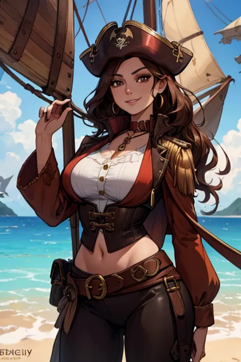 A brown haired woman with copper eyes and an hourglass figure in a pirate's outfit is smiling on a pirate ship