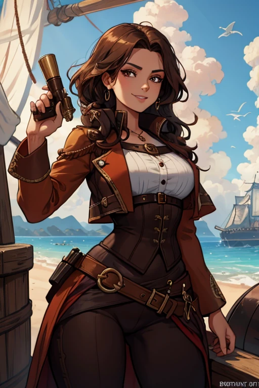 A brown haired woman with copper eyes and an hourglass figure in a pirate's outfit is holding a spyglass on a pirate ship with a smile