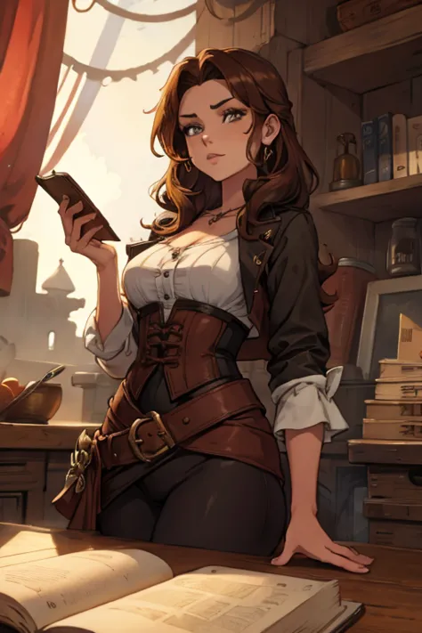 A brown haired woman with copper eyes and an hourglass figure in a pirate's outfit is reading a map on a ship