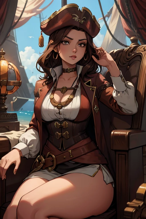 A brown haired woman with copper eyes and an hourglass figure in a pirate's outfit is sitting in a captain's throne on a pirate's ship