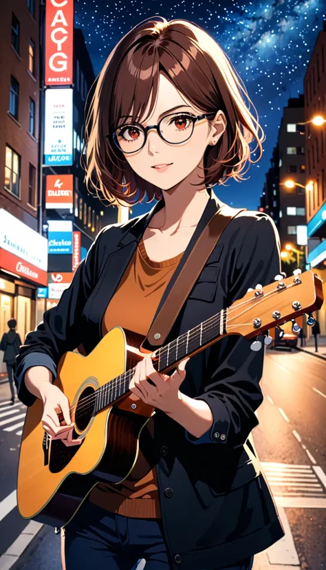 1 Girl, Upper Body, permanent, Play the guitar, Medium Length Hair, brown hair, Red Eyes, Black glasses, black jacket, roll up s...