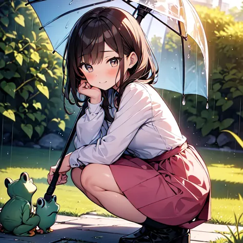 highest quality, masterpiece, ultra-high resolution, 8k,
rainy sky,garden,(((girl 1,little frog 1))),morning glories grow to wai...