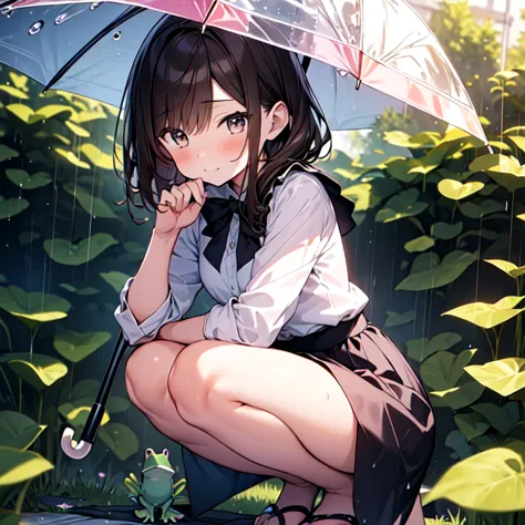 highest quality, masterpiece, ultra-high resolution, 8k,
rainy sky,garden,(((girl 1,little frog 1))),morning glories grow to wai...