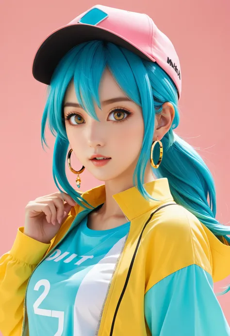 skiing style, miku havesune, masterpiece, best quality, 1 girl, blush, aqua eyes, cap, shut up, earrings, have, hoop earrings, j...