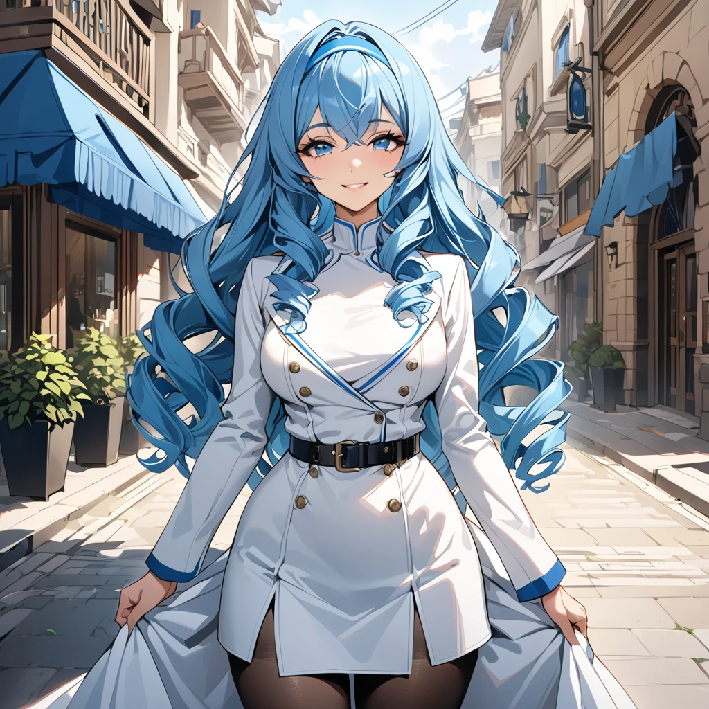 masterpiece, highest quality, High resolution,  Asecilia, Very long hair, Curly Hair, Drill Hair, Blue hair band, , White jacket, White Dress, Long sleeve, belt, Black Pantyhose, Are standing, Cowboy Shot, Outdoor, smile