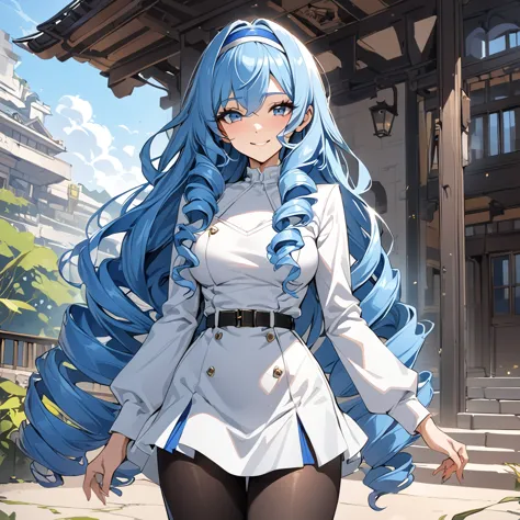 masterpiece, highest quality, high resolution,  asecilia, very long hair, curly hair, drill hair, blue hair band, , white jacket...