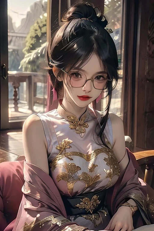 Transparent watercolor, masterpiece, best quality, ultra detailed、((A pretty mature woman wearing black framed glasses、Long hair in a dark pink ponytail with bangs))、A very short, sleeveless, white Chinese dress with gold embroidery.、Garter belt and stockings、Black underwear、